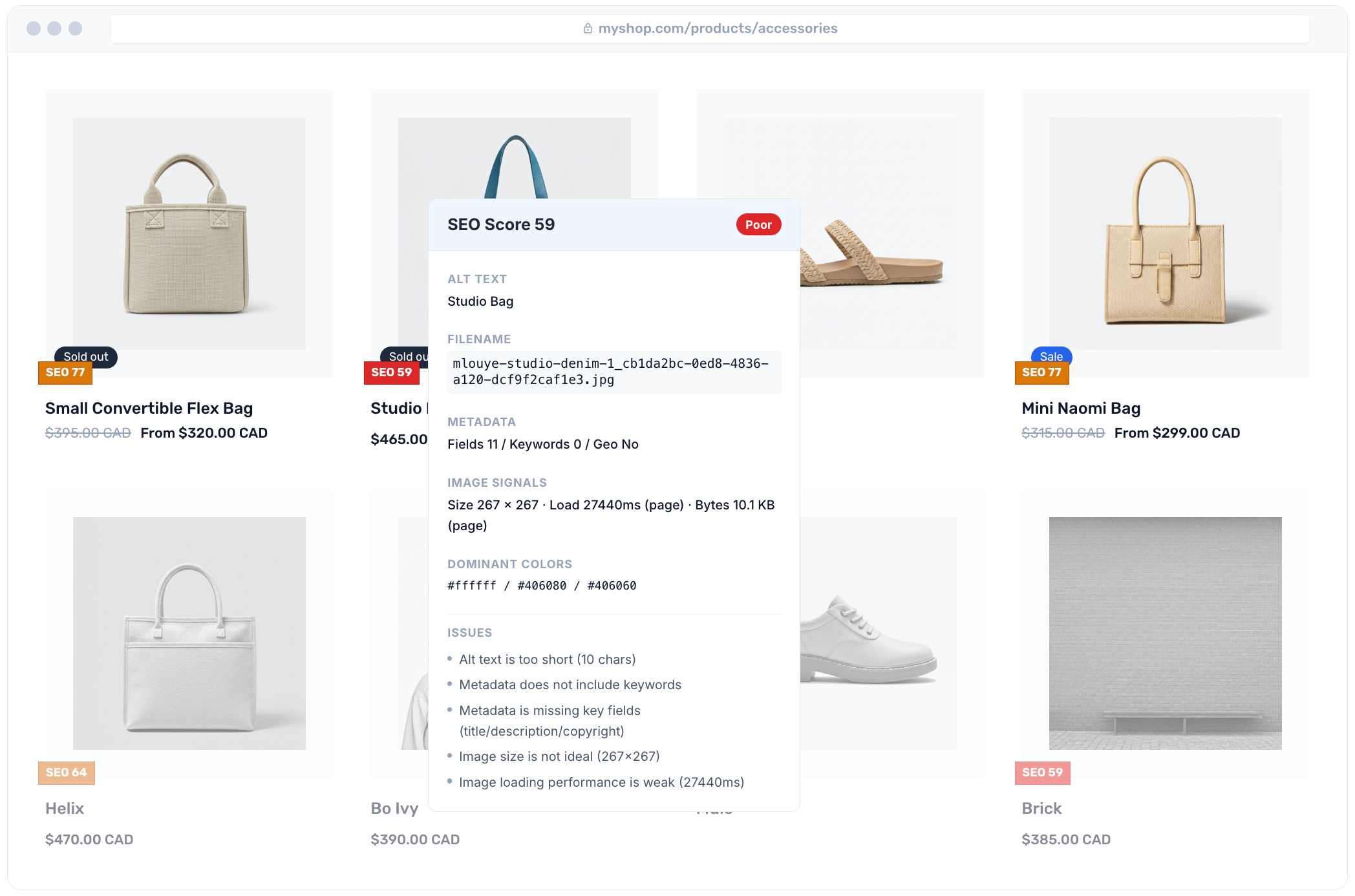 Preview of on-page image audit dashboard